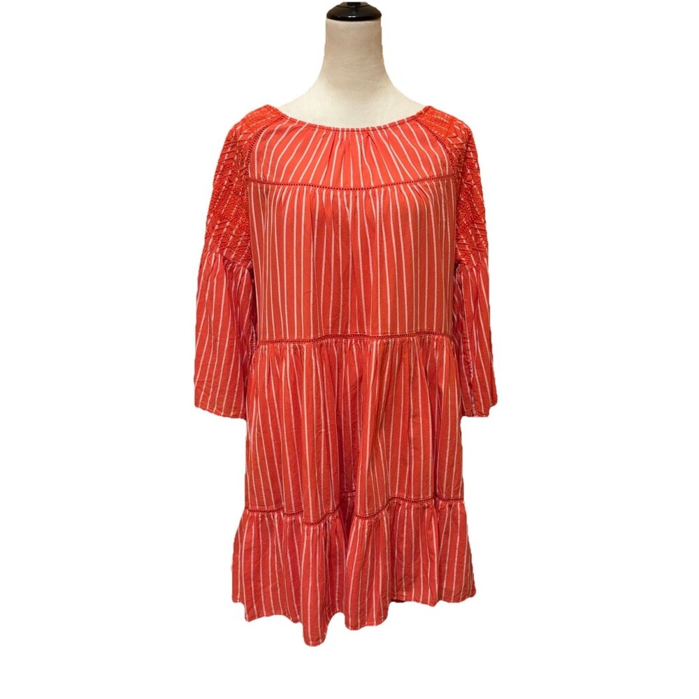 Free People Women's M Bell Sleeve Swing Dress Striped Boho Pullover 100% Cotton